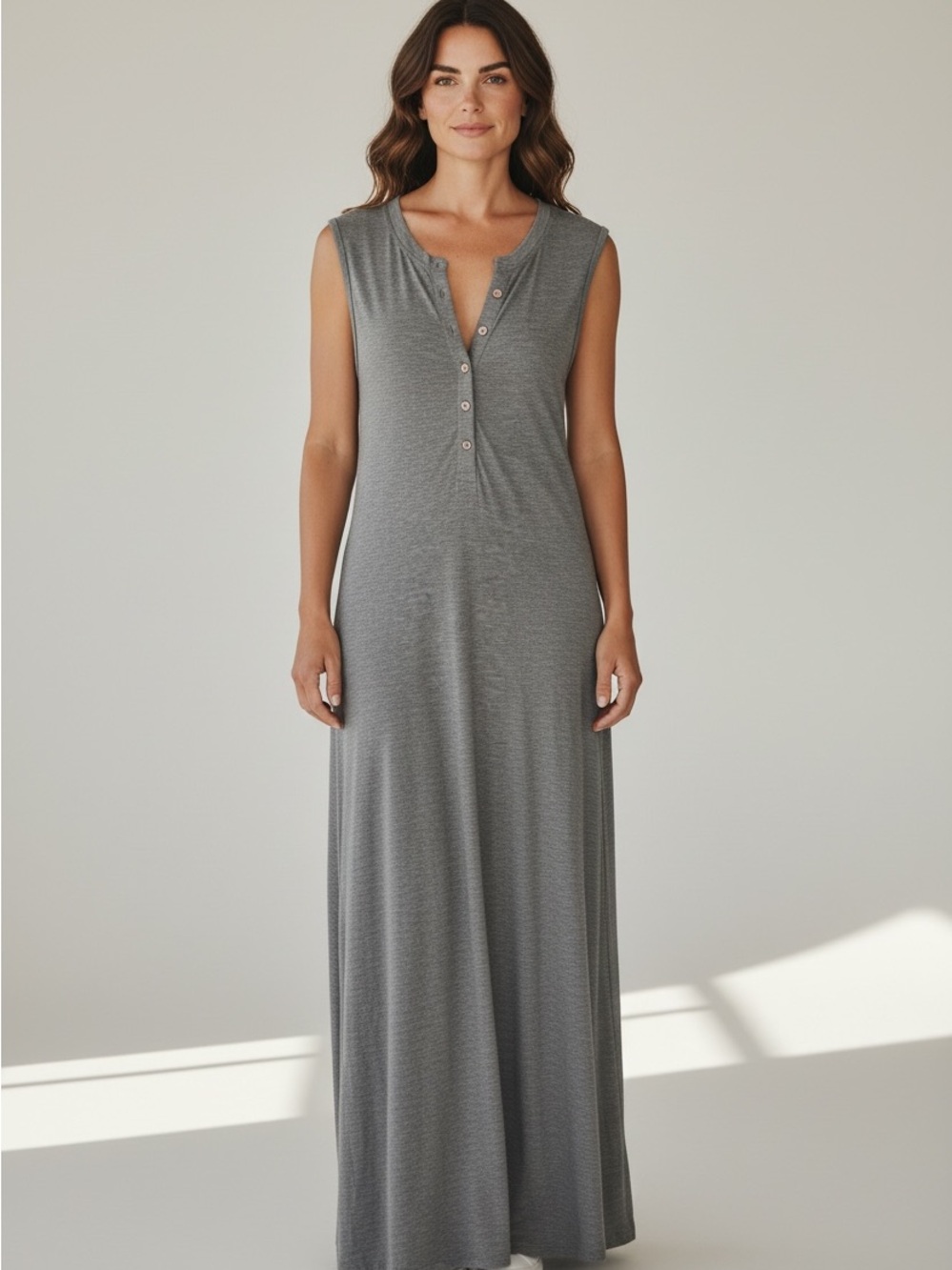 HALARA Sleeveless Henley Maxi Dress in Gray